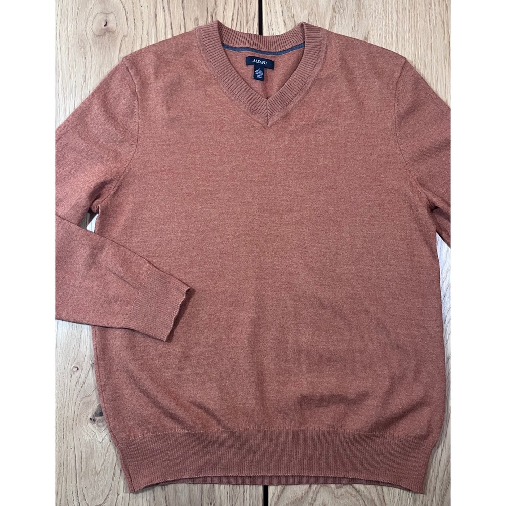 Alfani V-Neck Merino Wool Blend Sweater Mens Large Rust Orange Minimalist